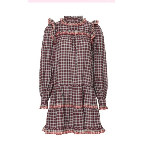 Ulla Johnson Elm Plaid Ruffle Mini Dress Size 8 Burgundy Check Long Sleeve - Picture 2 of 13
